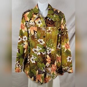 ALLISON DALEY Green and Peach Tropical Shirt Jacket - Size 16W